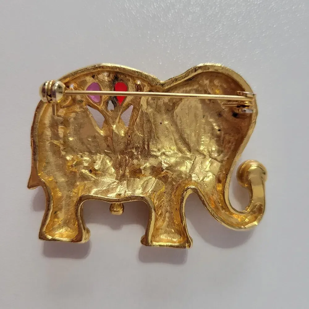 Vintage Elephant Gold Tone Brooch w Multicolor Stones Faux Pearl Mogul Statement